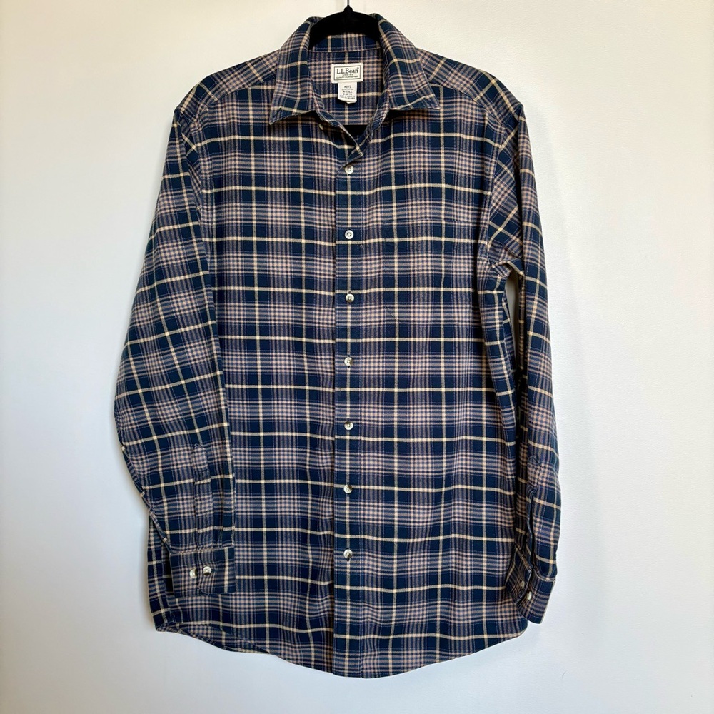 L.L. Bean Navy Tan Plaid 100% Cotton Button-Up Shirt Men’s M Tall